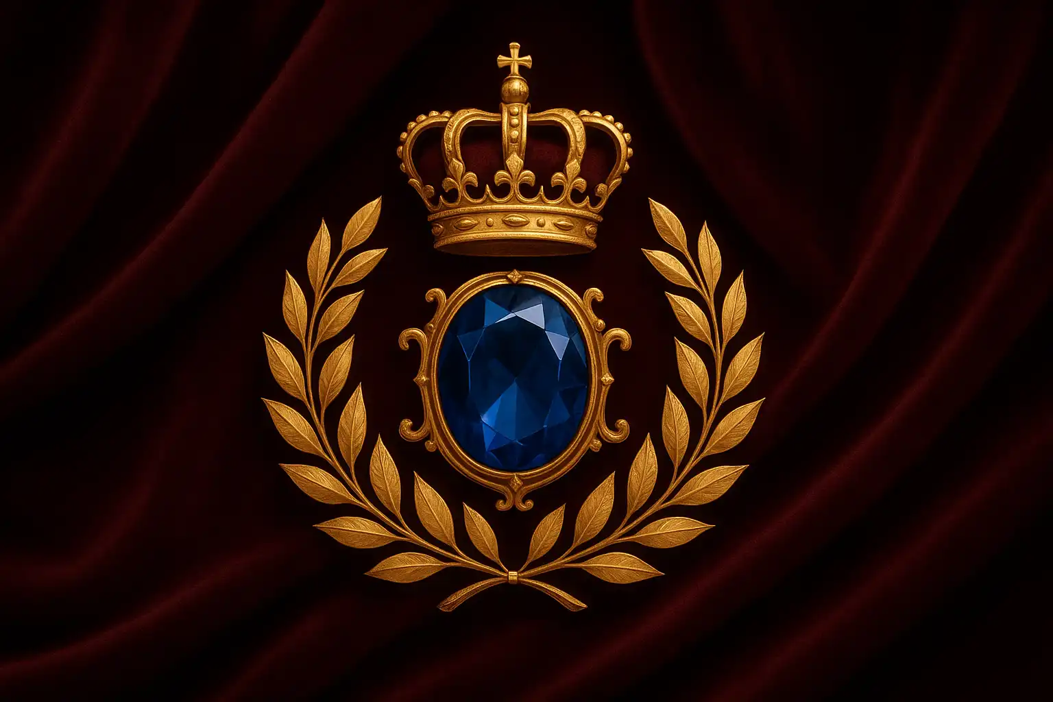 An elegant royal crest emblem with crown, sapphire gem and gold laurel on velvet drapery