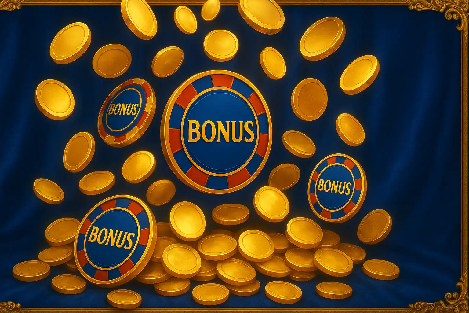 Cascading gold coins and glowing bonus chips over a royal sapphire velvet backdrop