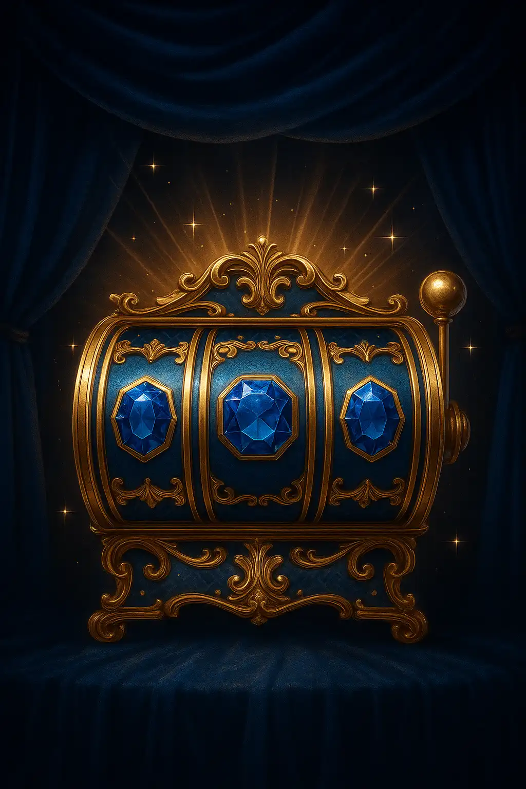 Glowing sapphire and gold slot reel with royal jackpot light rays