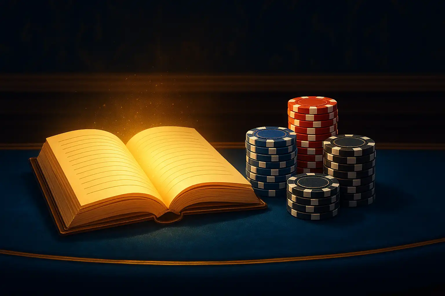 An open ledger book glowing with gold light beside stacked poker chips on a sapphire velvet table